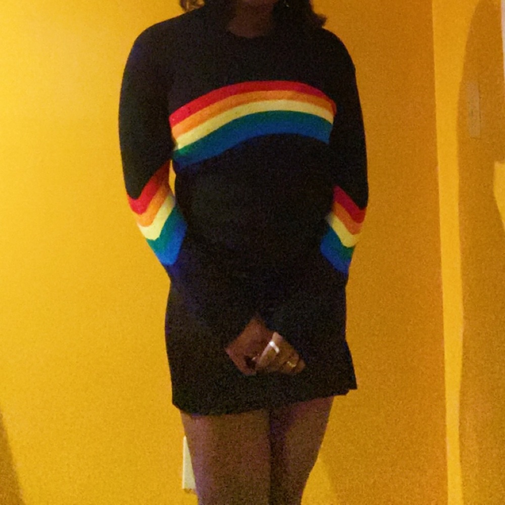 Rainbow sweater with indigo sparkles